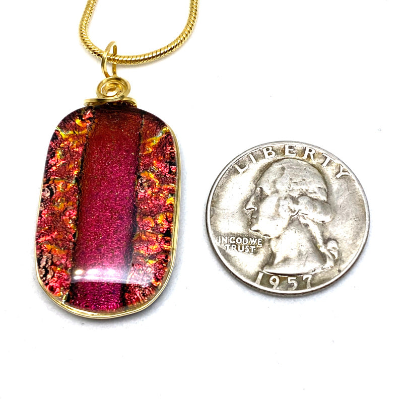 Cinnamon Heart, Red Dichroic Glass Necklace, Gold