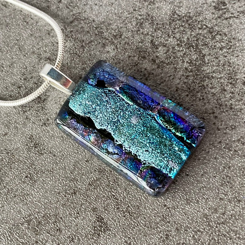 Morning Rain, Blue Dichroic Glass Necklace, Silver