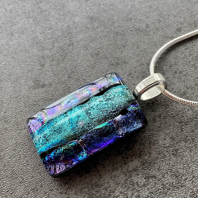 Morning Rain, Blue Dichroic Glass Necklace, Silver