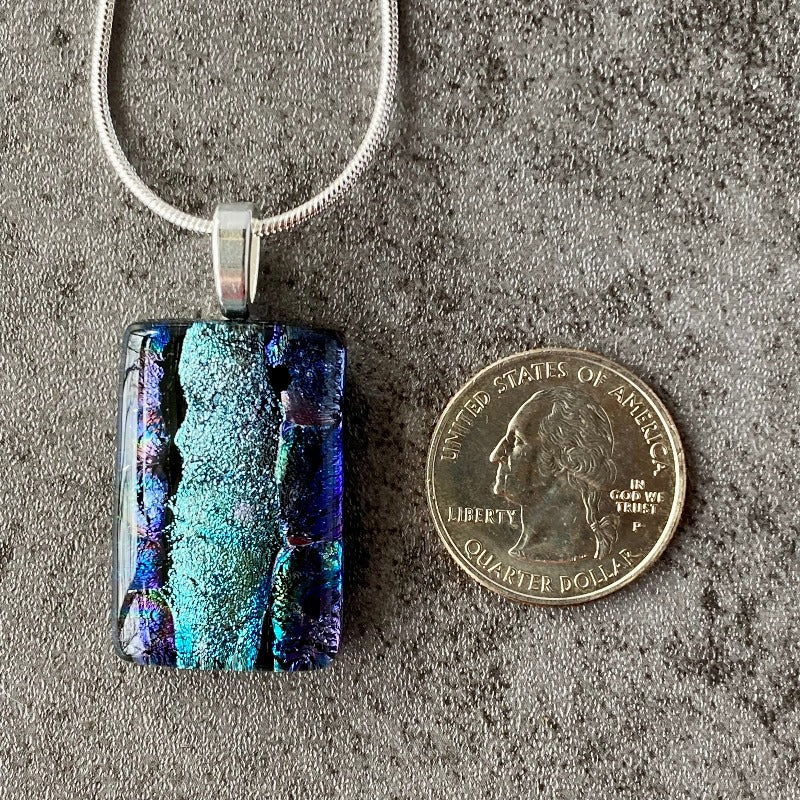 Morning Rain, Blue Dichroic Glass Necklace, Silver