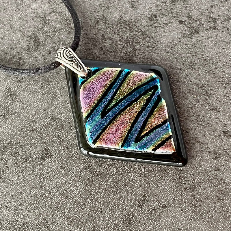 Shooting Star, Multi-color Dichroic Glass Necklace, Hand Engraved