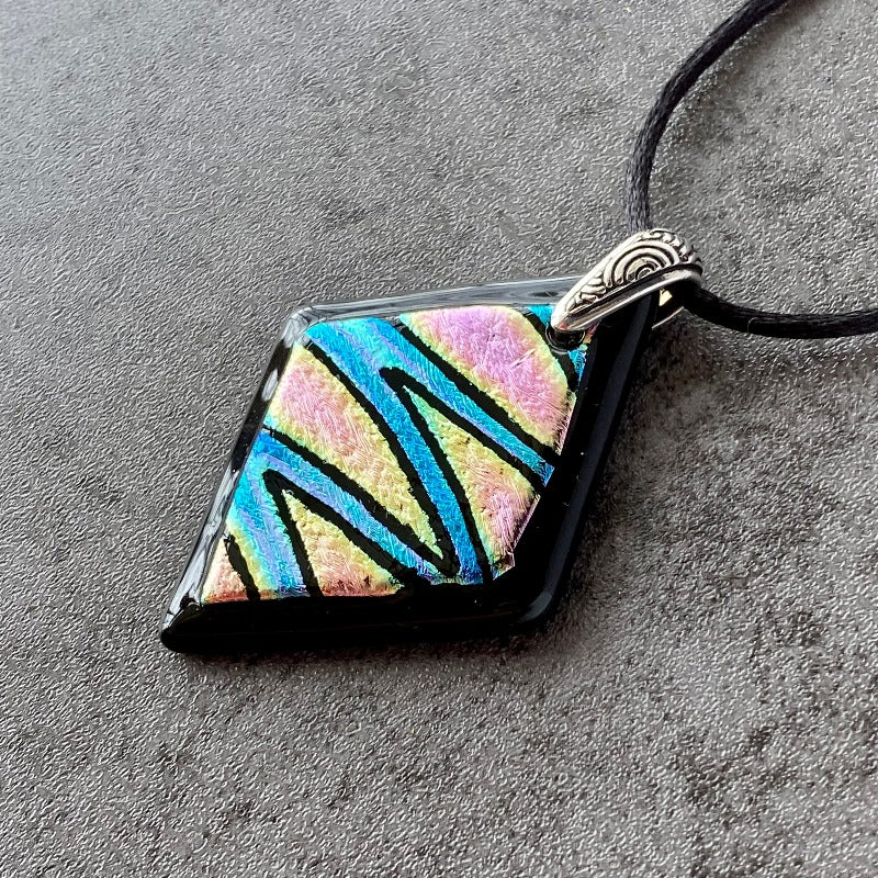 Shooting Star, Multi-color Dichroic Glass Necklace, Hand Engraved