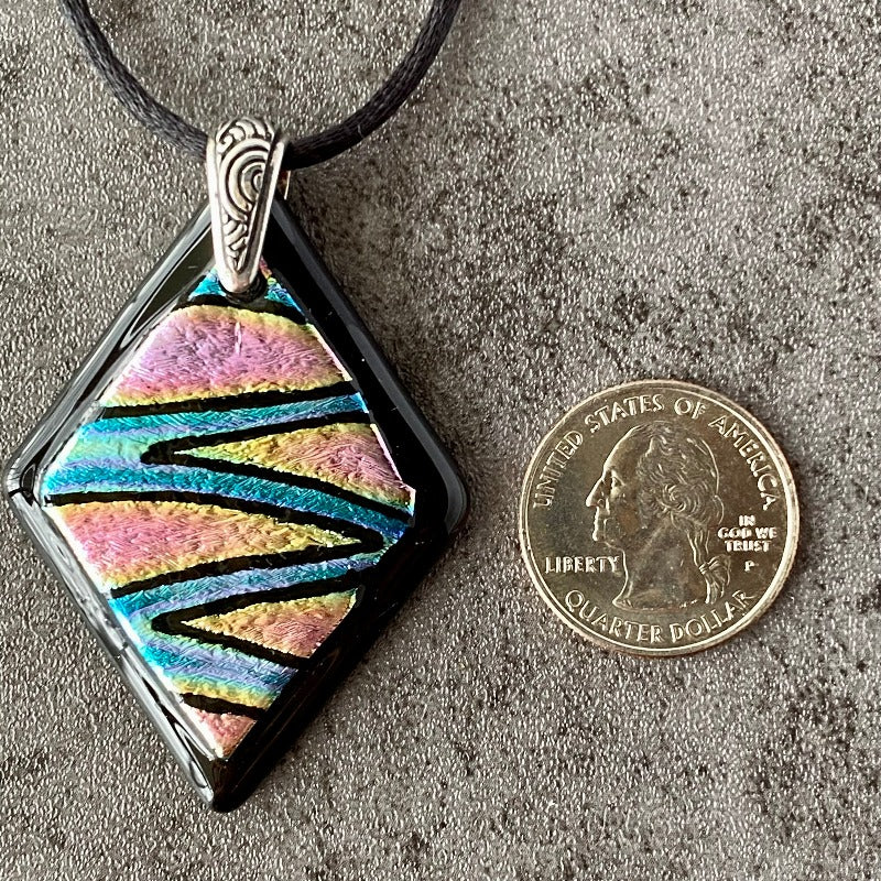 Shooting Star, Multi-color Dichroic Glass Necklace, Hand Engraved