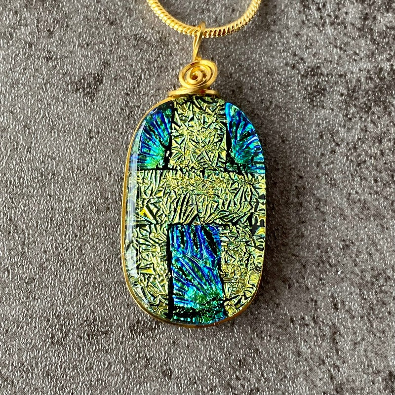 Top O' The Mornin', Green Dichroic Glass Necklace, Gold