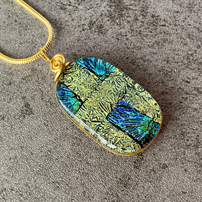 Top O' The Mornin', Green Dichroic Glass Necklace, Gold
