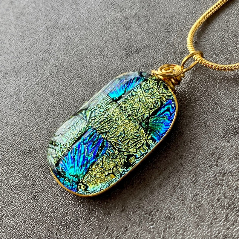 Top O' The Mornin', Green Dichroic Glass Necklace, Gold