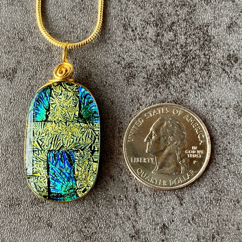 Top O' The Mornin', Green Dichroic Glass Necklace, Gold