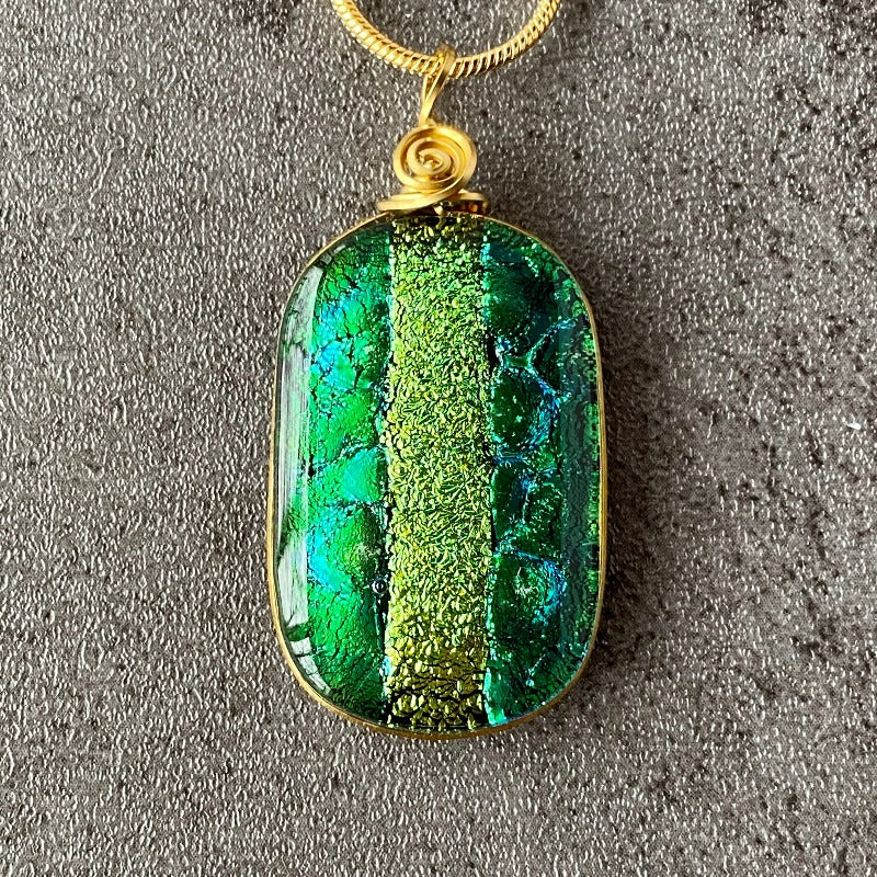 Wearin' O' The Green, Green Dichroic Glass Necklace, Gold