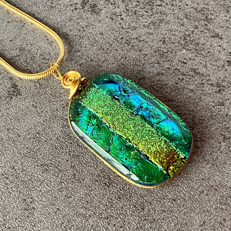 Wearin' O' The Green, Green Dichroic Glass Necklace, Gold