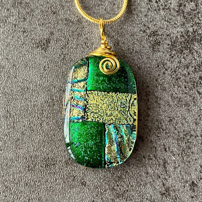 Emerald Isle, Green and Gold Dichroic Glass Necklace, Gold