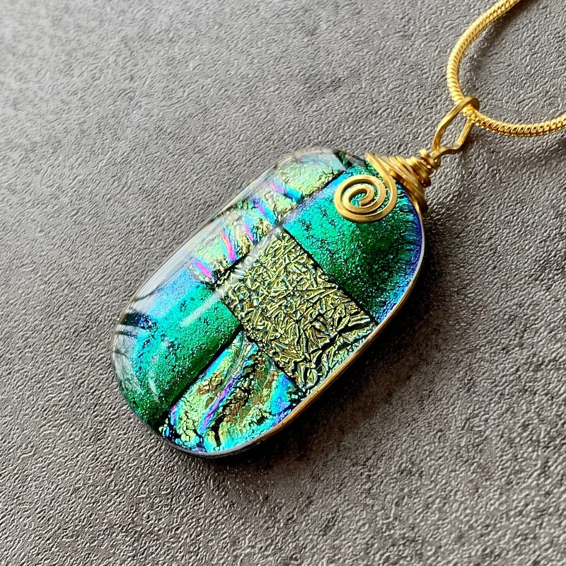 Emerald Isle, Green and Gold Dichroic Glass Necklace, Gold