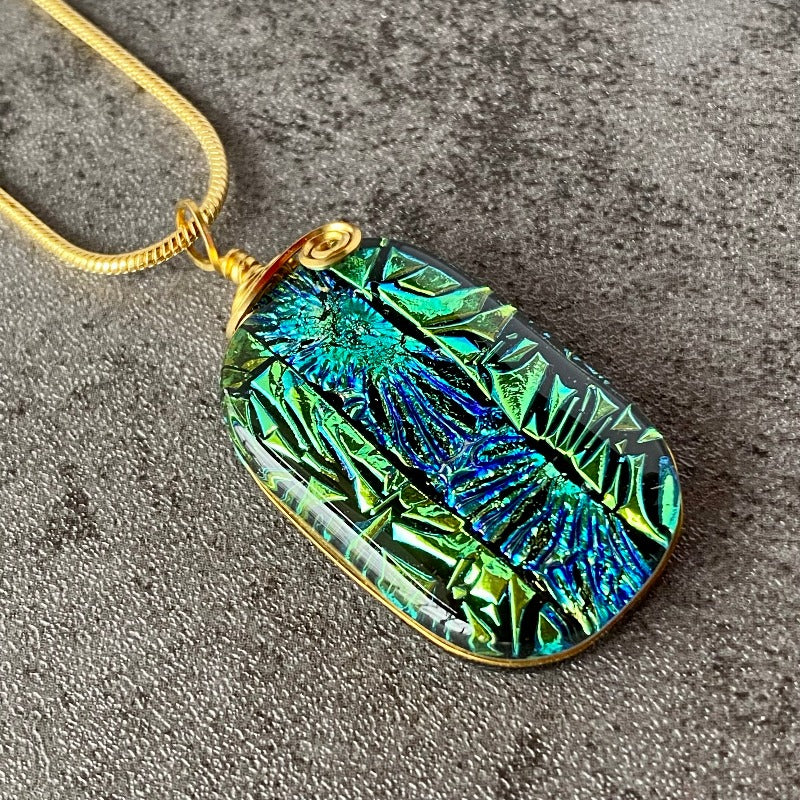 Among The Shamrocks, Green Dichroic Glass Necklace, Gold