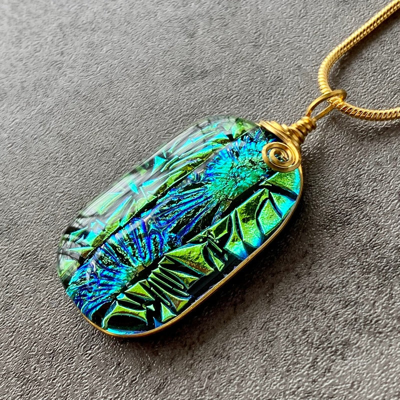 Among The Shamrocks, Green Dichroic Glass Necklace, Gold