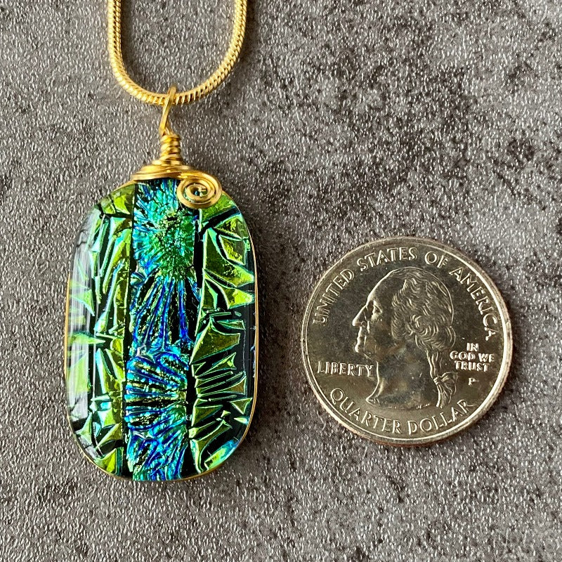 Among The Shamrocks, Green Dichroic Glass Necklace, Gold