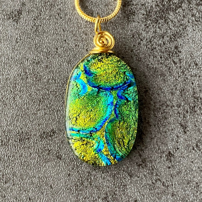 Pot O' Gold, Green Dichroic Glass Necklace, Silver