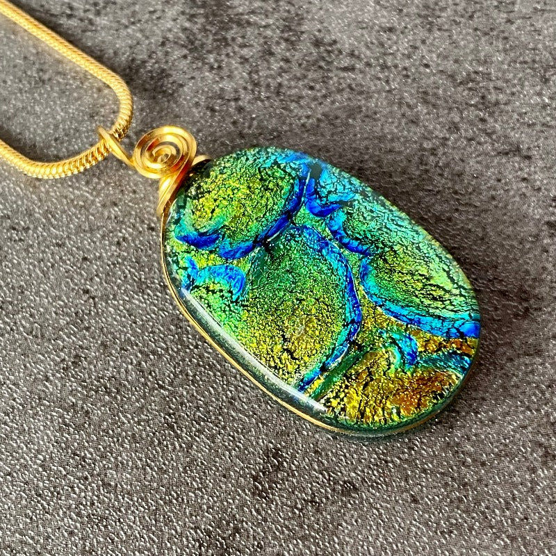 Pot O' Gold, Green Dichroic Glass Necklace, Silver
