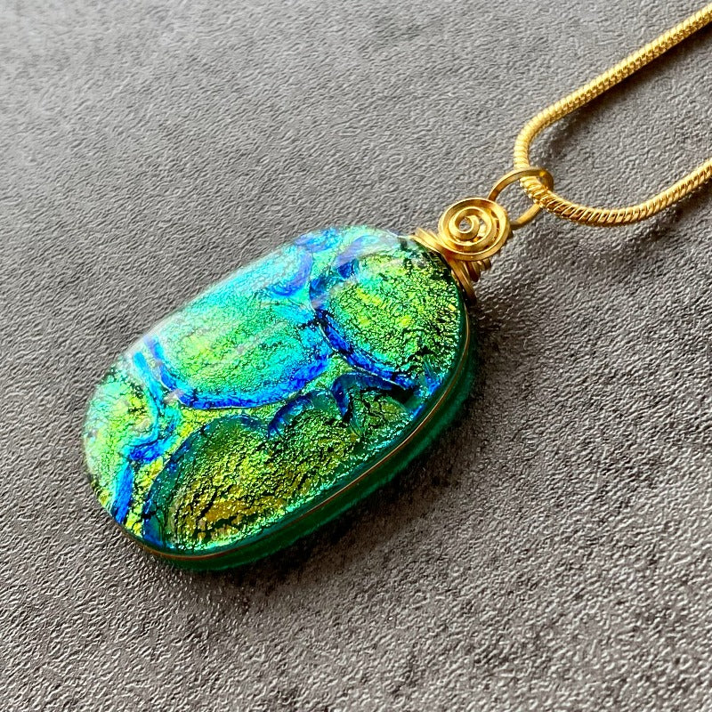 Pot O' Gold, Green Dichroic Glass Necklace, Silver