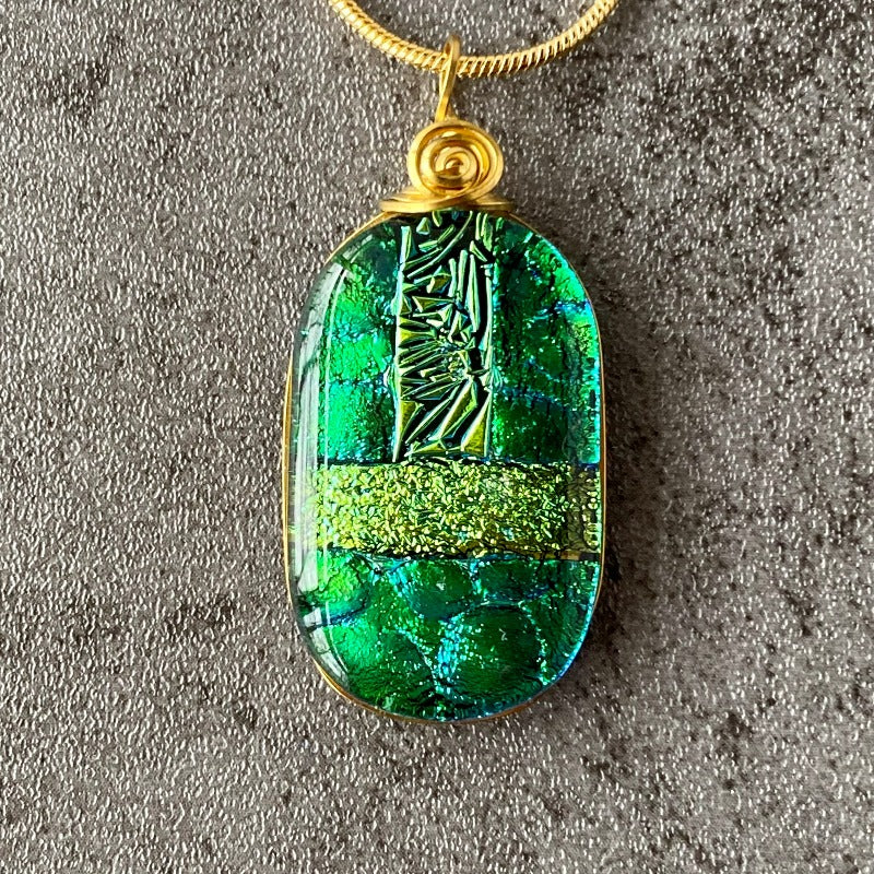 I Call Shenanigans, Green Dichroic Glass Necklace, Gold