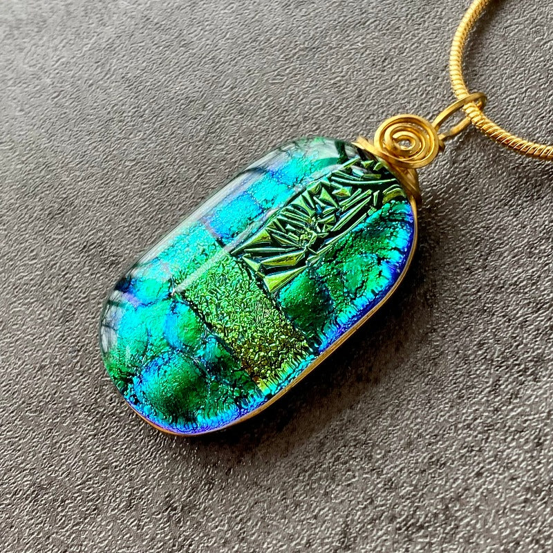 I Call Shenanigans, Green Dichroic Glass Necklace, Gold