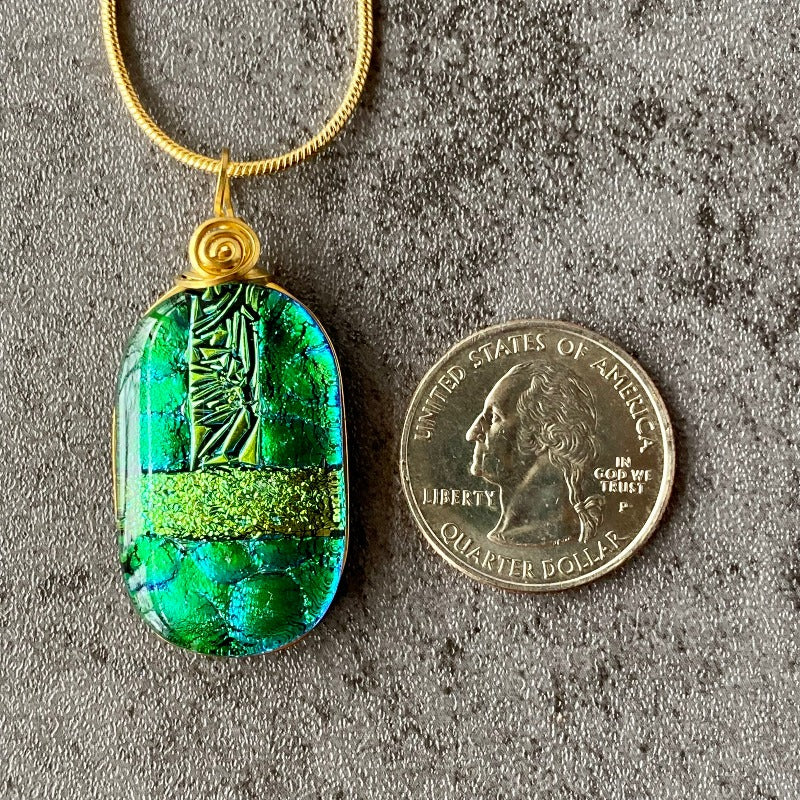 I Call Shenanigans, Green Dichroic Glass Necklace, Gold