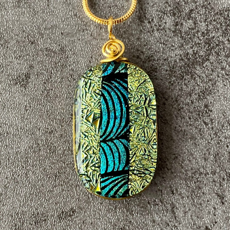 May The Road Rise Up, Gold and Green Dichroic Glass Necklace, Gold