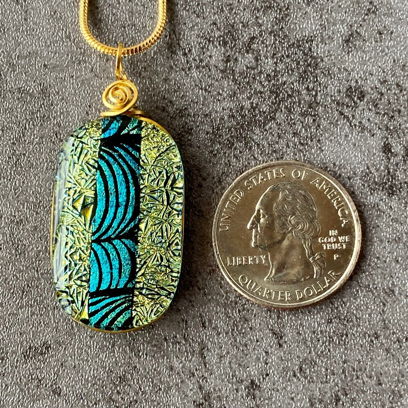 May The Road Rise Up, Gold and Green Dichroic Glass Necklace, Gold