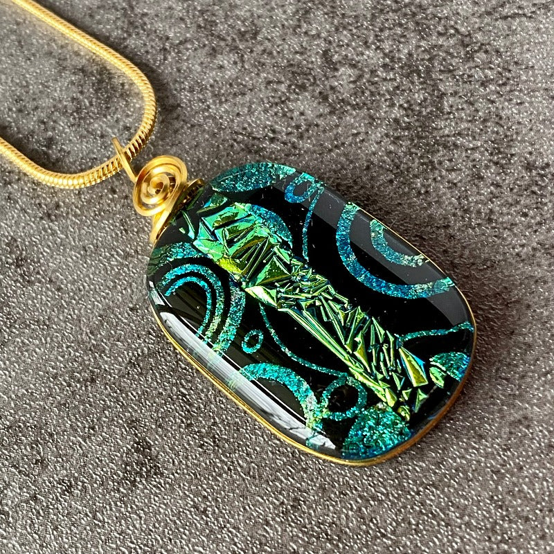 The Blarney Stone, Green and Black Dichroic Glass Necklace, Gold