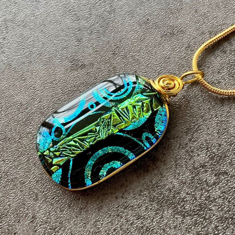 The Blarney Stone, Green and Black Dichroic Glass Necklace, Gold
