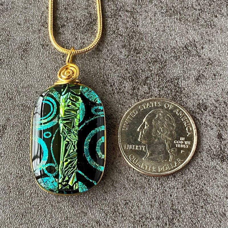 The Blarney Stone, Green and Black Dichroic Glass Necklace, Gold