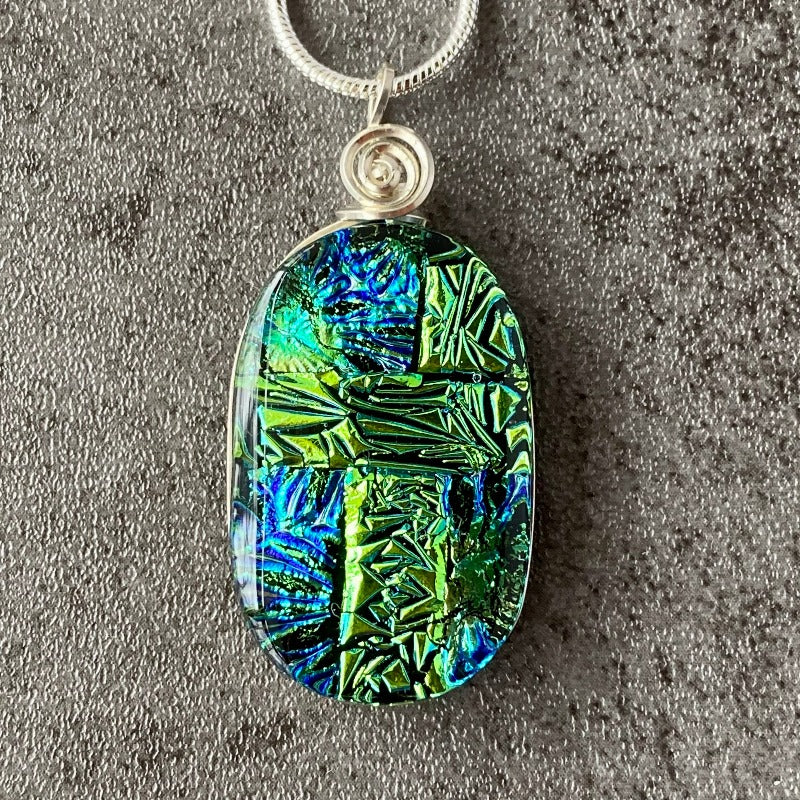 With A Little Luck, Green and Blue Dichroic Glass Necklace, Silver