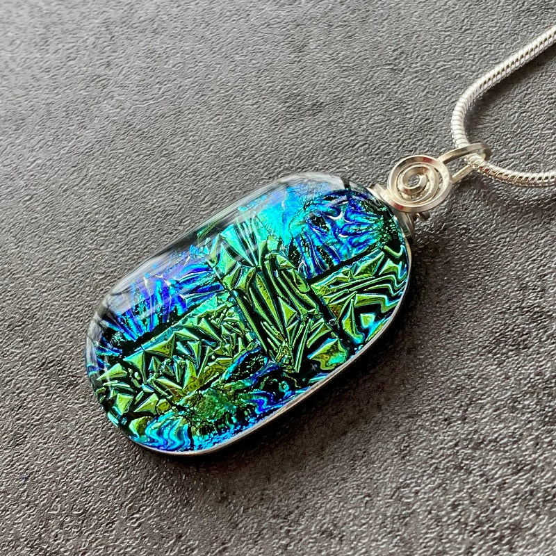 With A Little Luck, Green and Blue Dichroic Glass Necklace, Silver