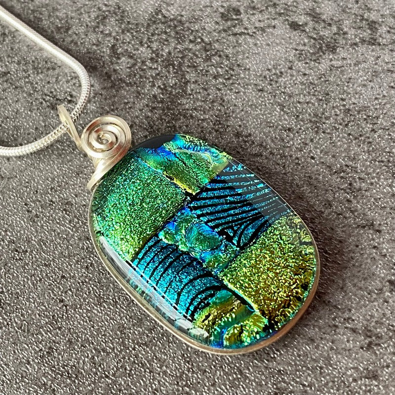 A Shady Spot, Blue Green Dichroic Glass Necklace, Silver