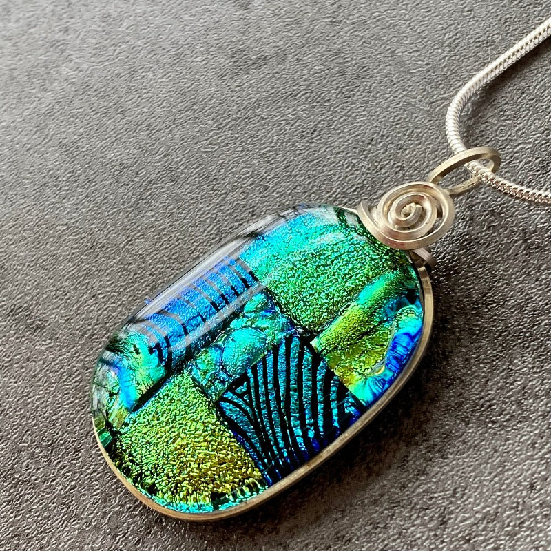 A Shady Spot, Blue Green Dichroic Glass Necklace, Silver