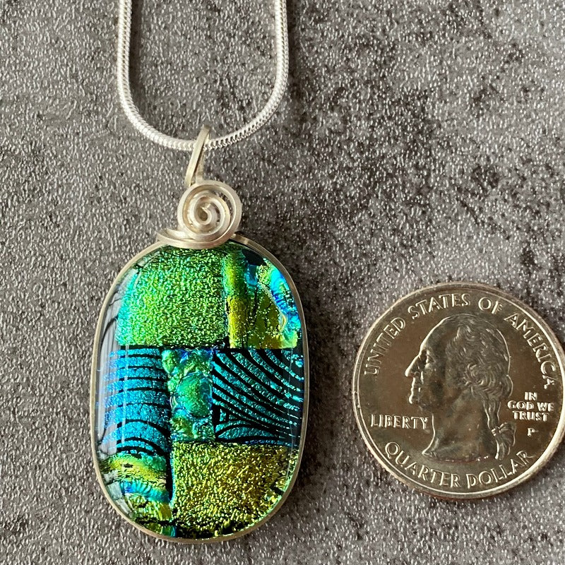 A Shady Spot, Blue Green Dichroic Glass Necklace, Silver