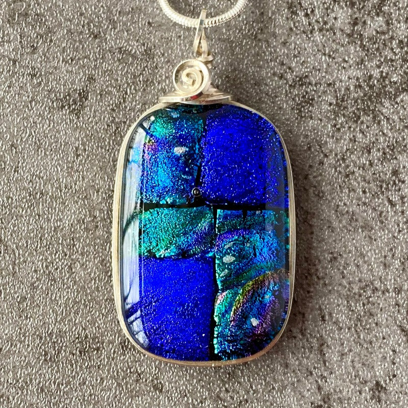Rolling River, Blue Dichroic Glass Necklace, Silver