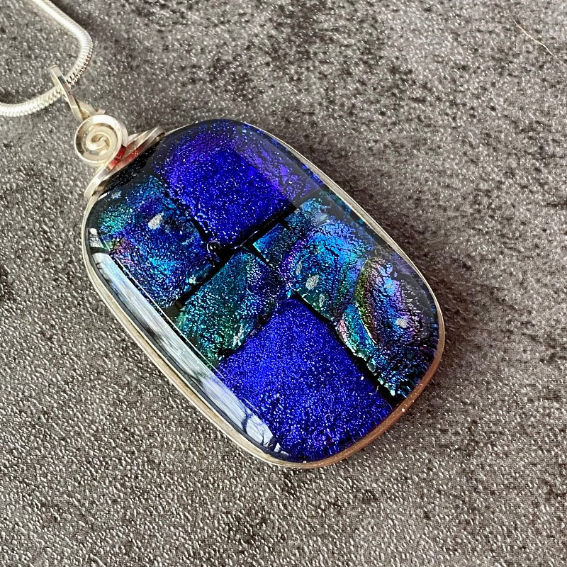 Rolling River, Blue Dichroic Glass Necklace, Silver