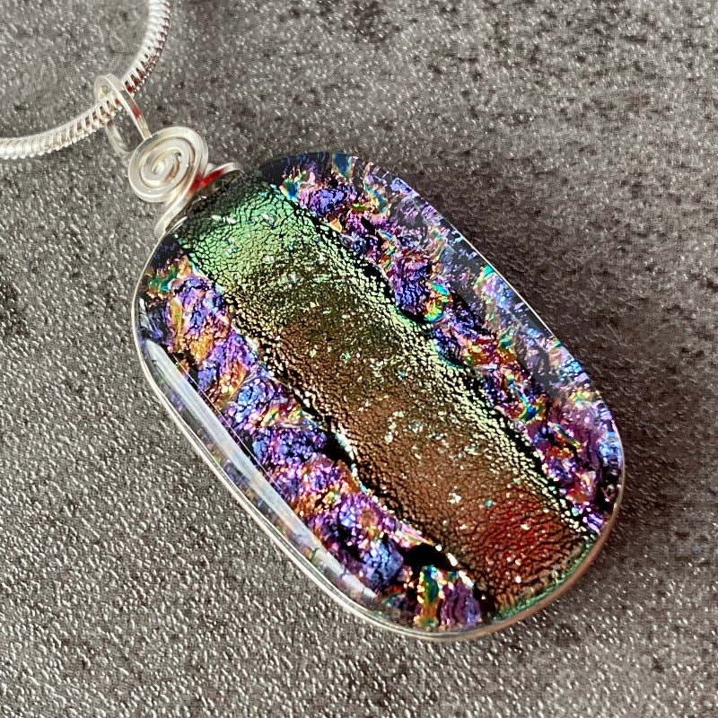 Champagne Toast, Pink and Gold Dichroic Glass Necklace, Silver