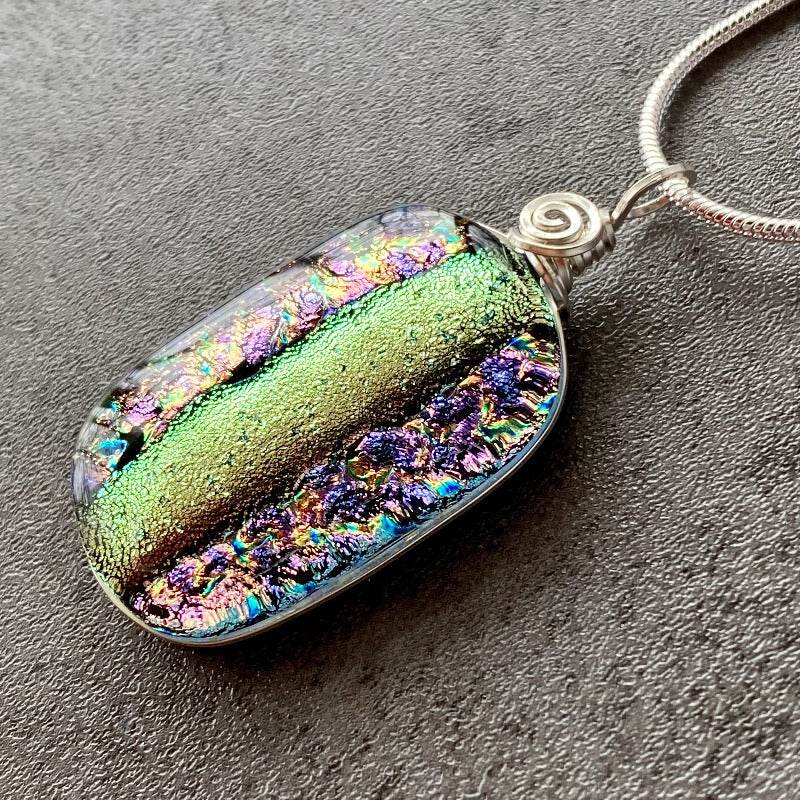 Champagne Toast, Pink and Gold Dichroic Glass Necklace, Silver