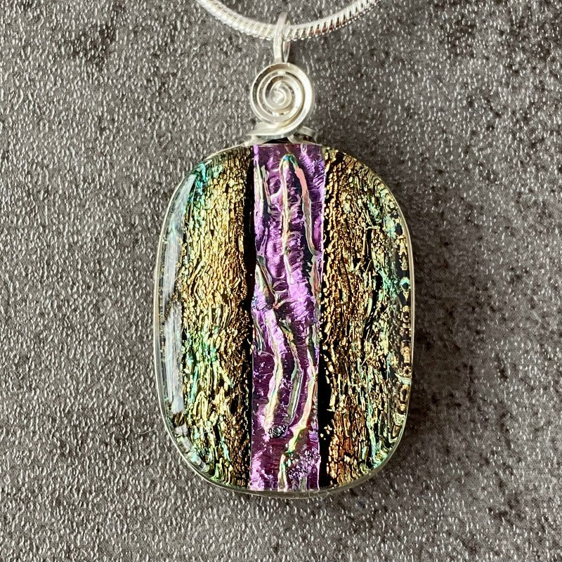 Enchanted Evening, Pink and Gold Dichroic Glass Necklace, Silver