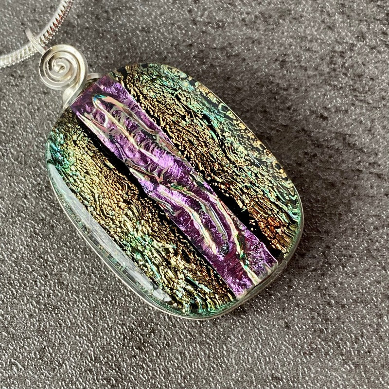 Enchanted Evening, Pink and Gold Dichroic Glass Necklace, Silver