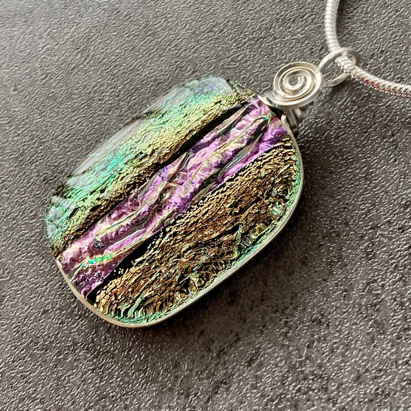 Enchanted Evening, Pink and Gold Dichroic Glass Necklace, Silver