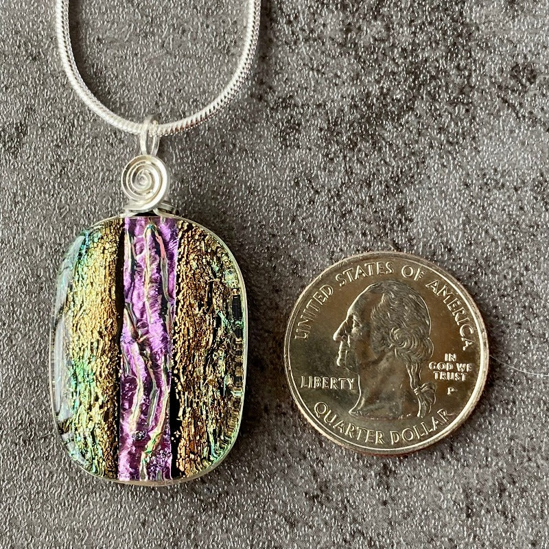 Enchanted Evening, Pink and Gold Dichroic Glass Necklace, Silver