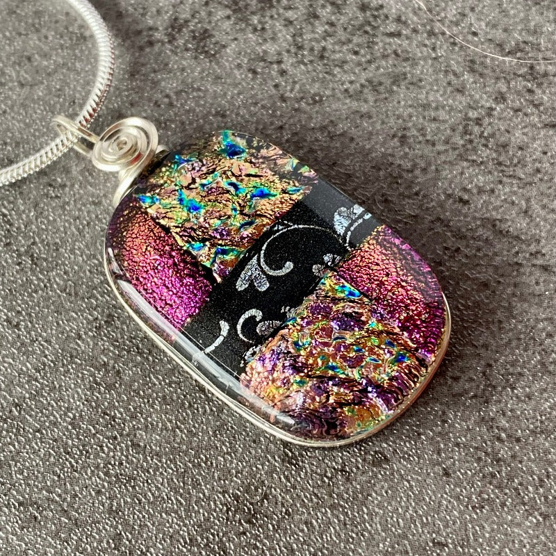 Glam It Up, Pink and Black Dichroic Glass Necklace, Silver