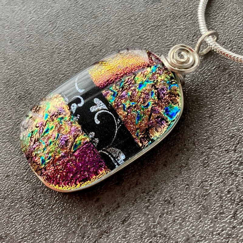 Glam It Up, Pink and Black Dichroic Glass Necklace, Silver