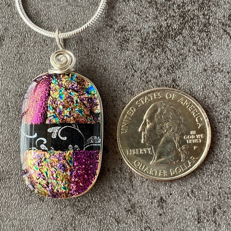Glam It Up, Pink and Black Dichroic Glass Necklace, Silver