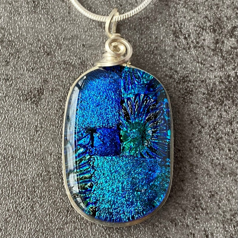 Light Up The Night, Blue Dichroic Glass Necklace, Silver