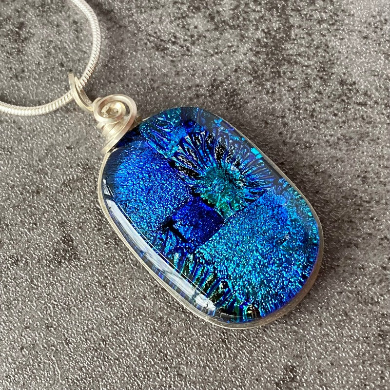 Light Up The Night, Blue Dichroic Glass Necklace, Silver