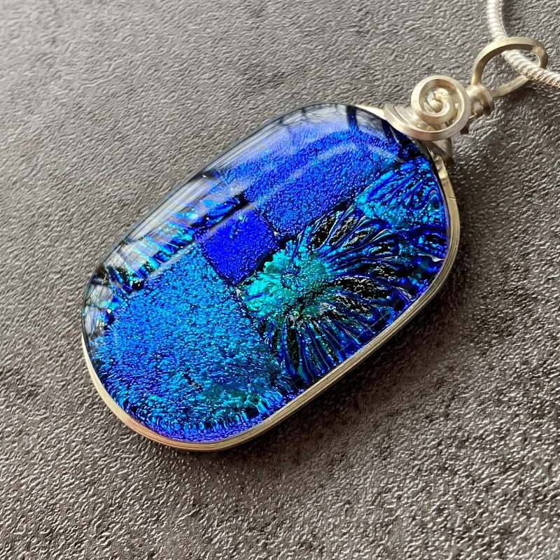 Light Up The Night, Blue Dichroic Glass Necklace, Silver