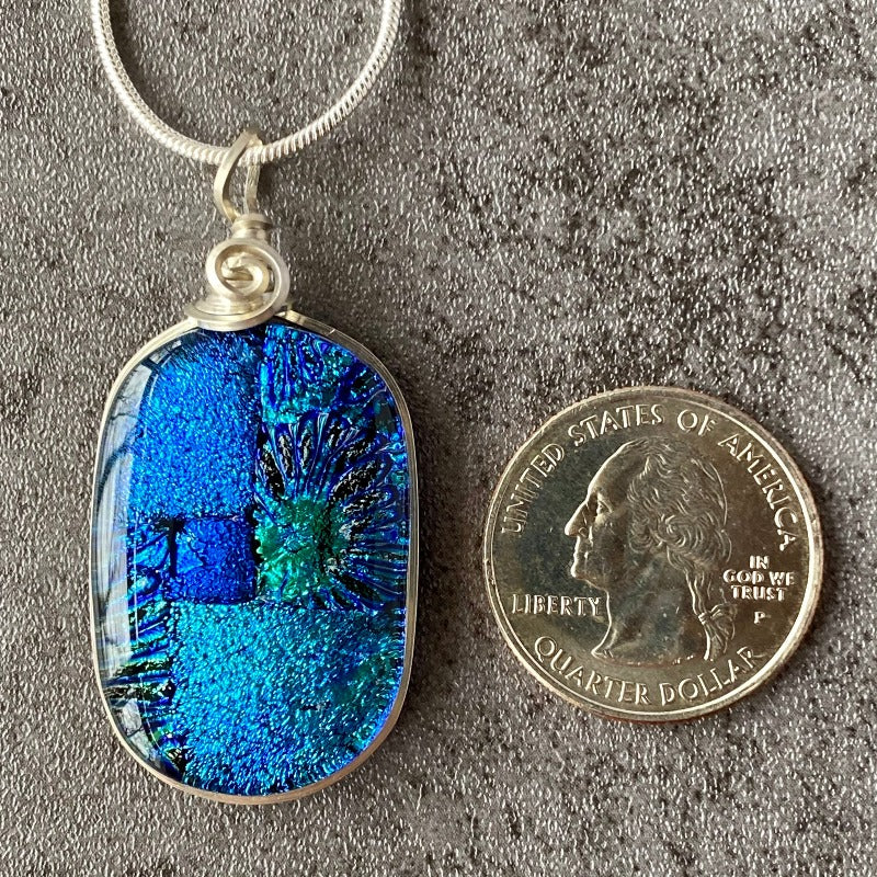 Light Up The Night, Blue Dichroic Glass Necklace, Silver