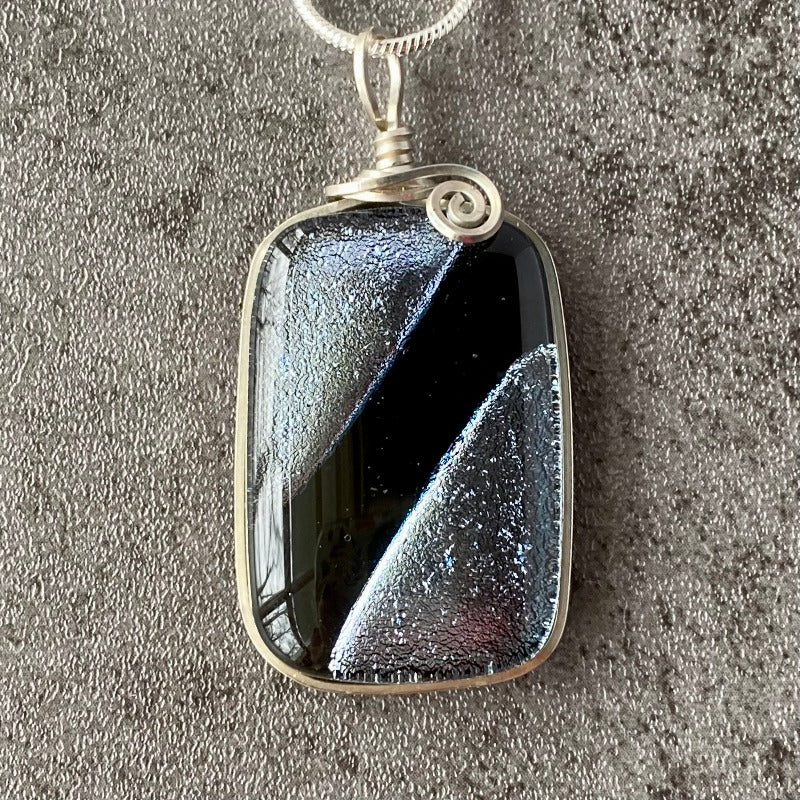 Silver Elegance, Silver Black Dichroic Glass Necklace, Silver